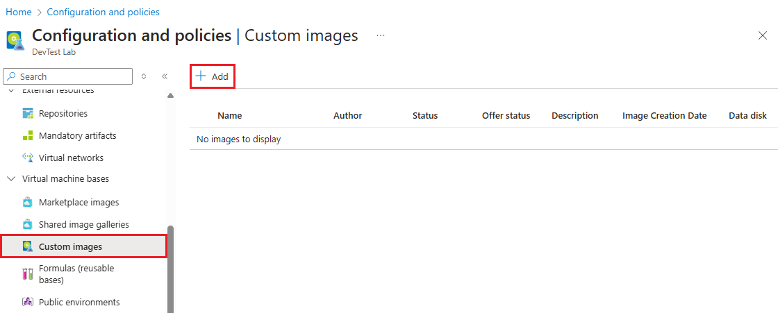 Screenshot: Seite „Benutzerdefiniertes Image“ mit der Schaltfläche „Hinzufügen“.