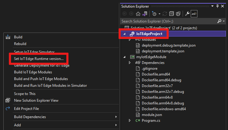 Screenshot der Auswahlmöglichkeiten zum Festlegen einer IoT Edge Laufzeitversion.