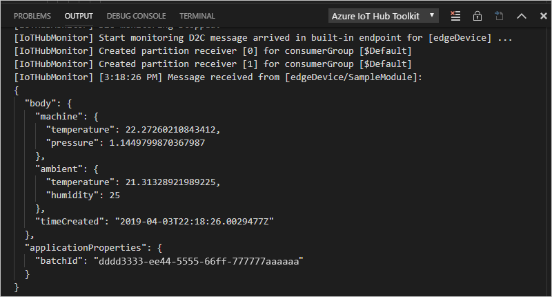 Screenshot des Visual Studio Code Ausgabefensters mit eingehenden Nachrichten von Geräten zur Cloud.