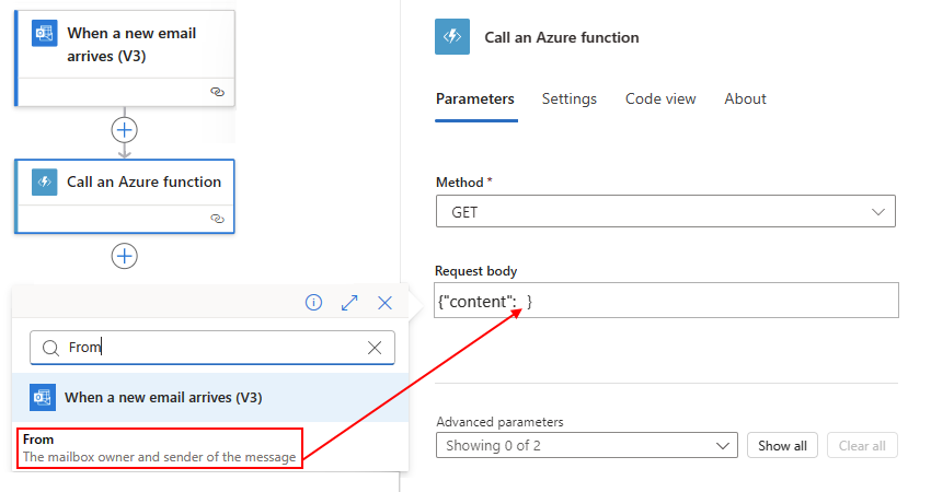 Ein Screenshot zeigt einen Standard Workflow und eine Funktion mit einem Request Body Beispiel für die Payload des Kontextobjekts.