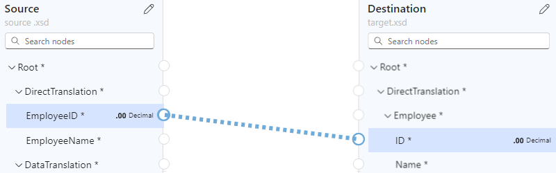 Screenshot zeigt Data Mapper, ein Zeiger über das Zielelement und eine Linie zwischen den Quell- und Zielelementen.