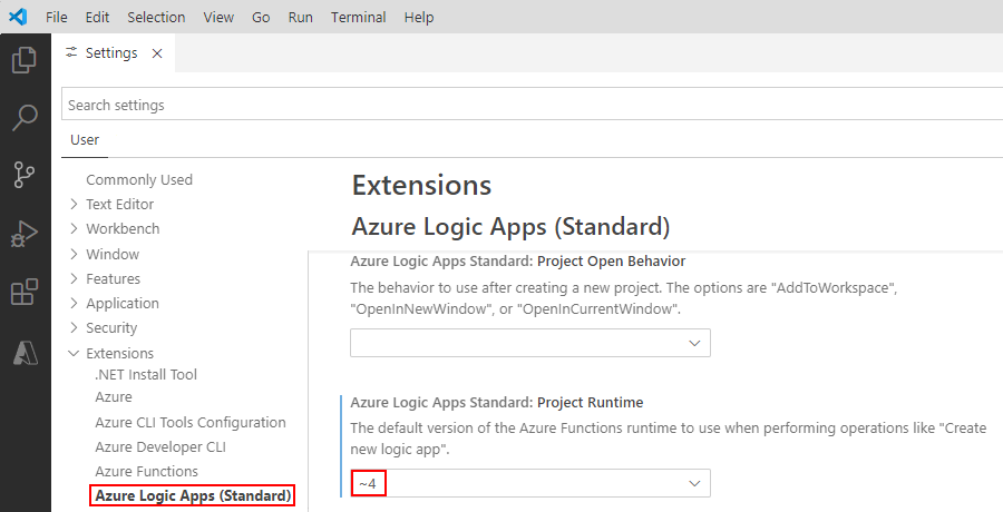 Screenshot der Visual Studio Code-Einstellungen für die Erweiterung Azure Logic Apps (Standard).