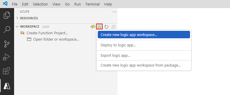 Screenshot: Azure-Bereich, Arbeitsbereichssymbolleiste, Azure Logic Apps-Menü und ausgewähltes Element, Arbeitsbereich 