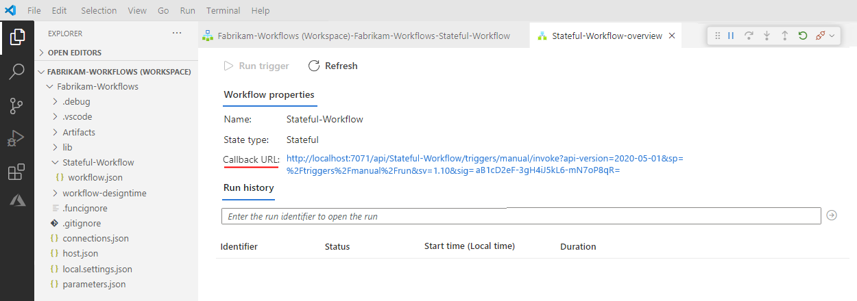 Screenshot der Workflowübersichtsseite mit Rückruf-URL.