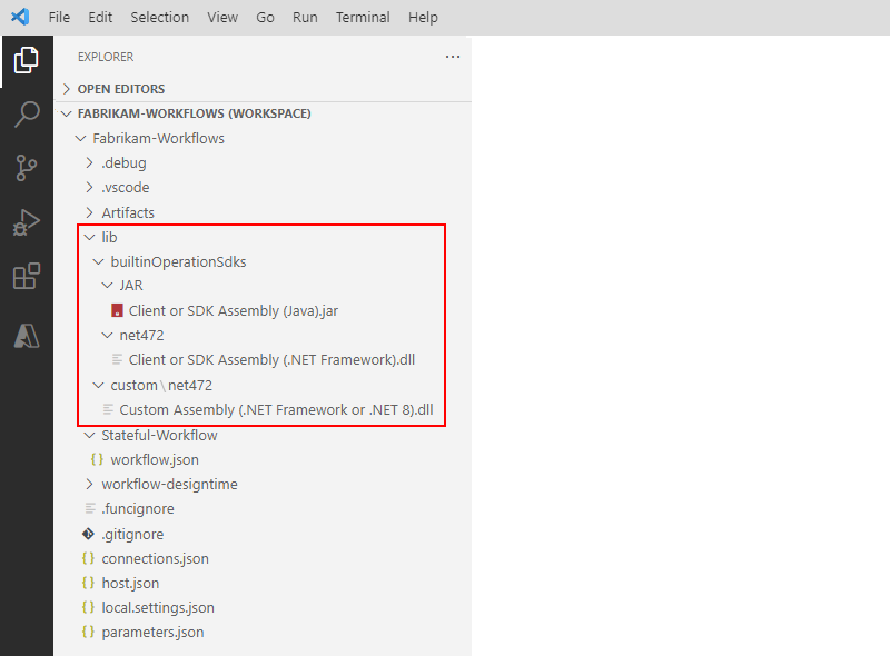 Screenshot der Projektstruktur von Visual Studio Code und erweiterten Assemblyordnern.