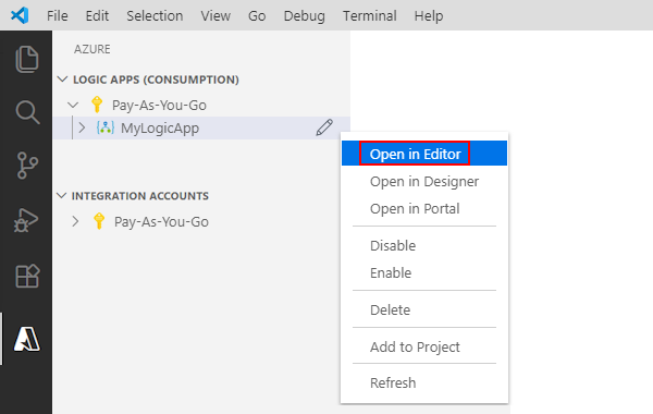Screenshot, in dem das Azure-Fenster, das Kontextmenü der Logik-App und 