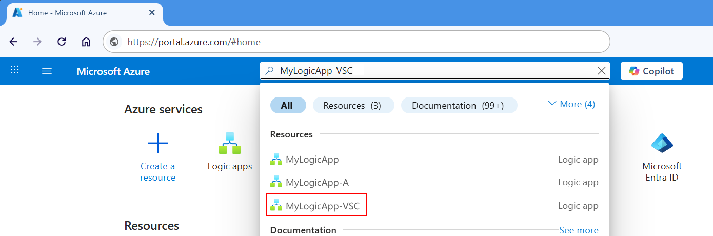 Screenshot des Azure-Portals, des Suchfelds und des Namens, das für die Logik-App eingegeben wurde, wobei das Ergebnis hervorgehoben ist.