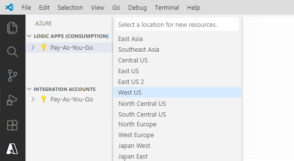 Screenshot einer ausgewählten Azure-Region.