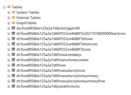 Screenshot zeigt SQL-Tabellen, die von der Azure Logic Apps Einzelmandantenlaufzeit erstellt wurden.