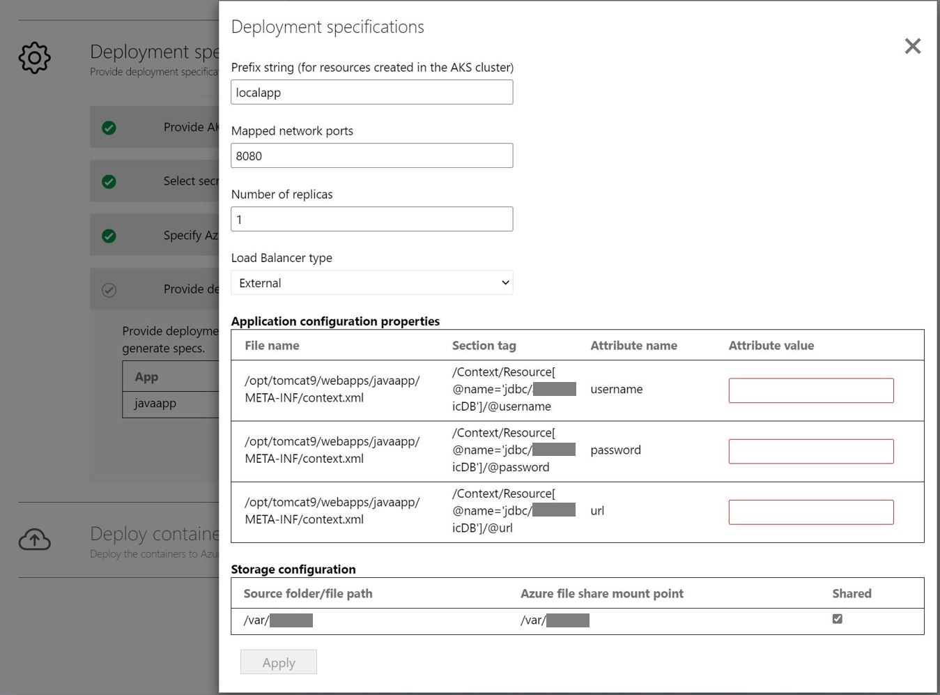 Screenshot: Bereitstellungskonfiguration für die App