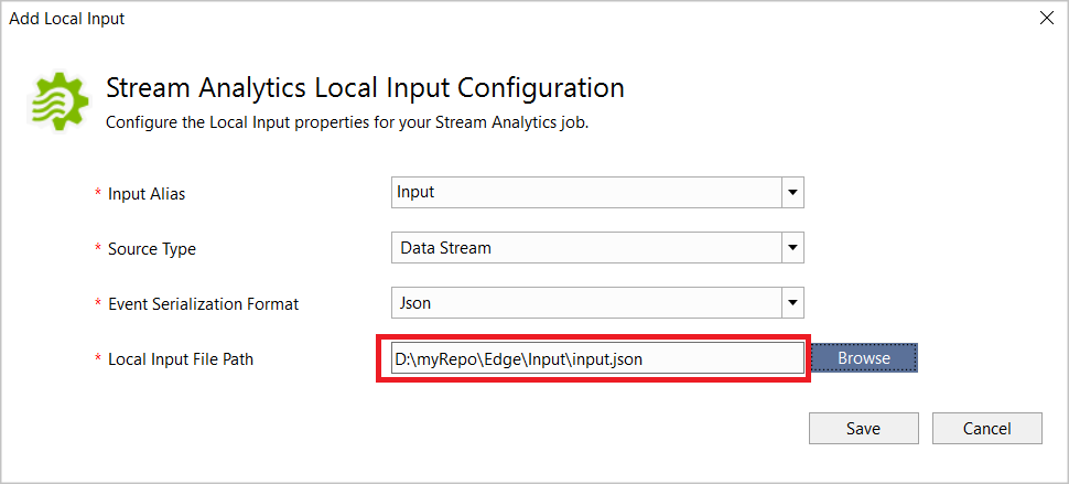 Lokale Eingabekonfiguration für Stream Analytics-Auftrag in Visual Studio