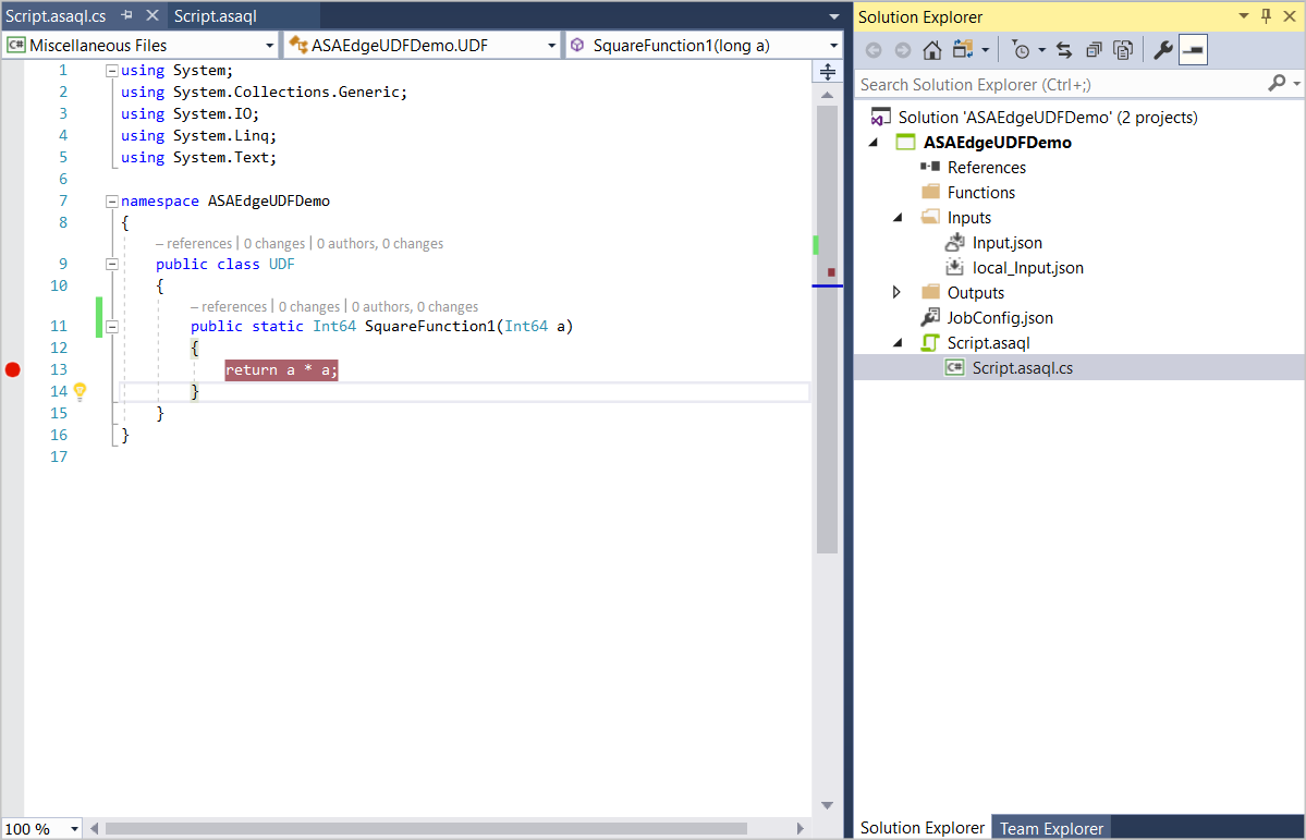 Hinzufügen von Haltepunkten zur benutzerdefinierten Stream Analytics-Funktion in Visual Studio