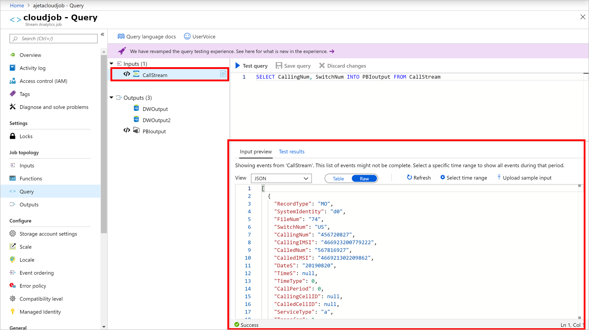 Screenshot der Azure Stream Analytics-Beispieleingabedaten im rohen JSON-Format.