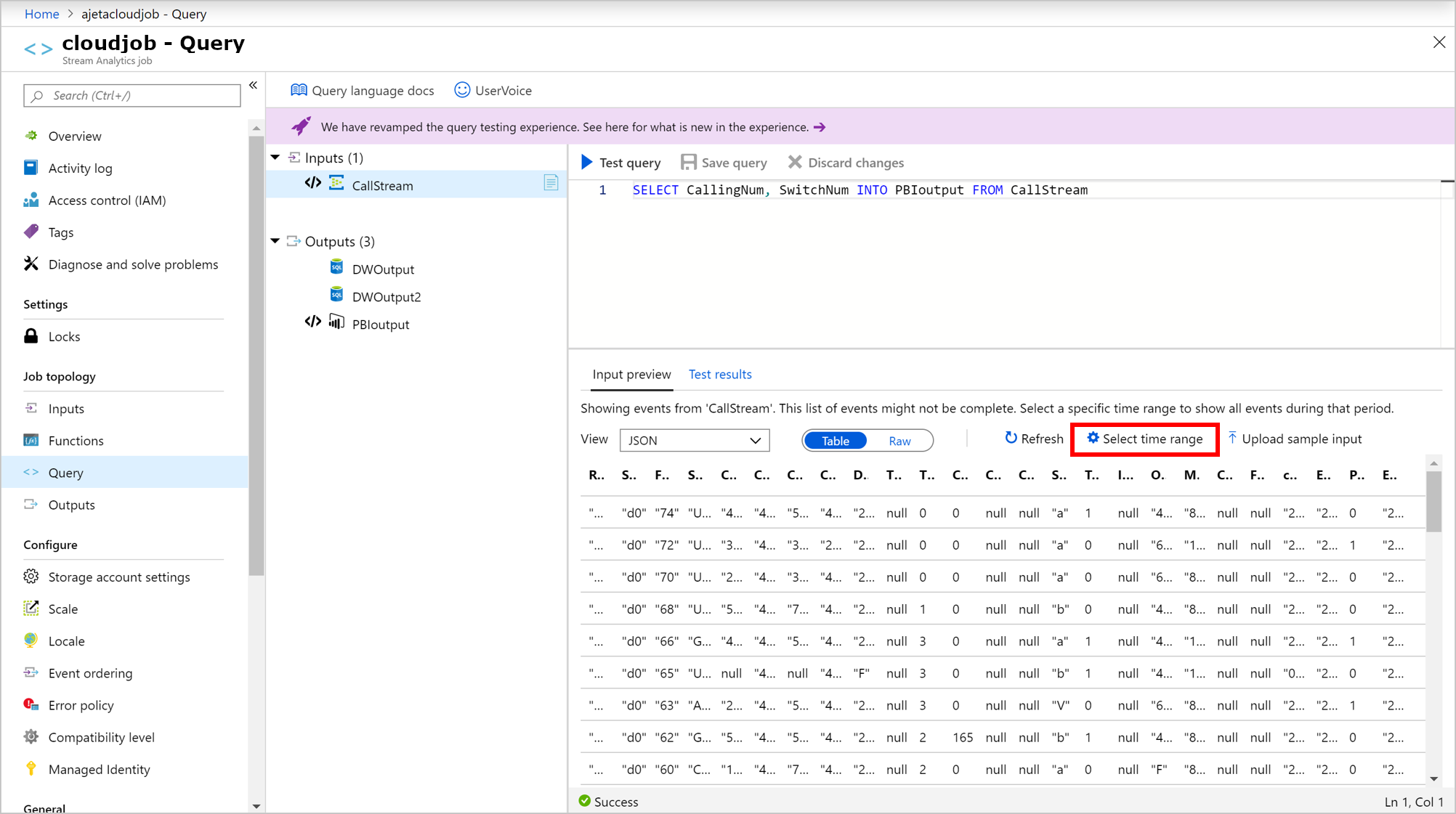 Screenshot der Azure Stream Analytics Zeitbereichsauswahl für eingehende Beispielereignisse.
