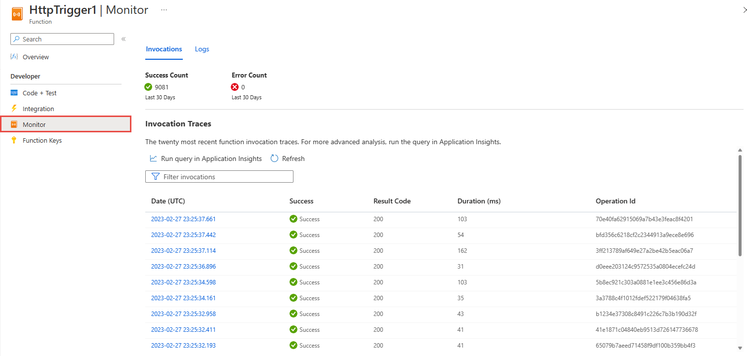 Screenshot von der Seite „Überwachen“ für Azure Functions mit Funktionsaufrufen