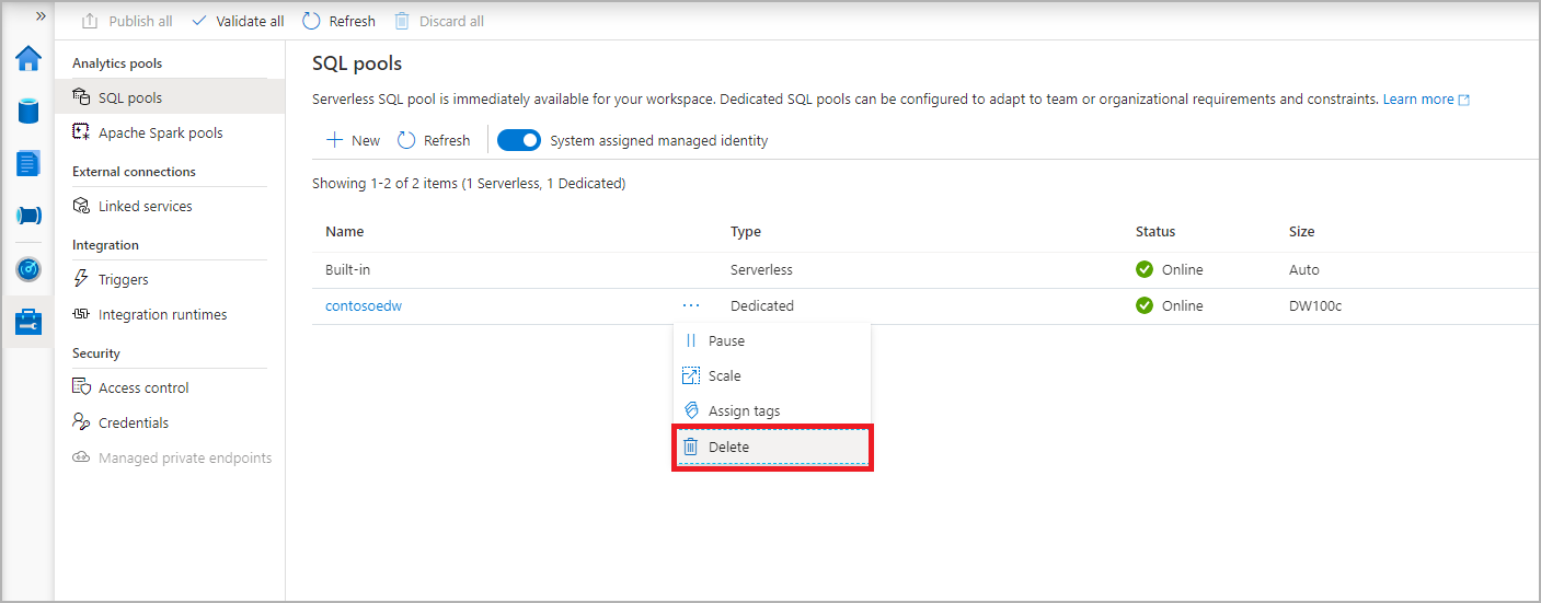 Screenshot aller SQL-Pools, wobei der zuletzt erstellte Pool ausgewählt ist.