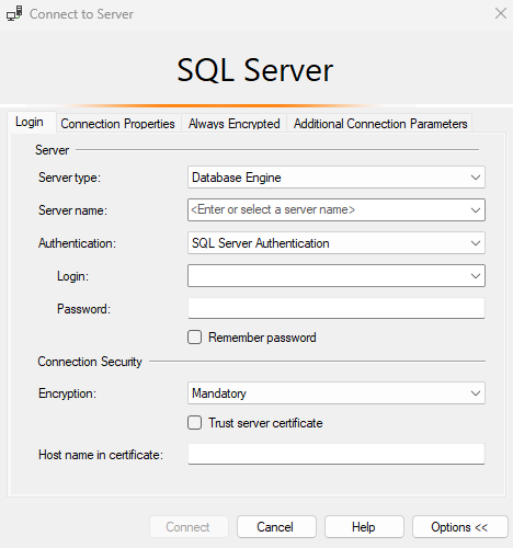 Screenshot: Dialogfeld „Verbindung mit Server herstellen“
