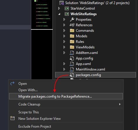Das Kontextmenü des Projektmappen-Explorers in Visual Studio, das den Eintrag „packages.config migrieren“ anzeigt.