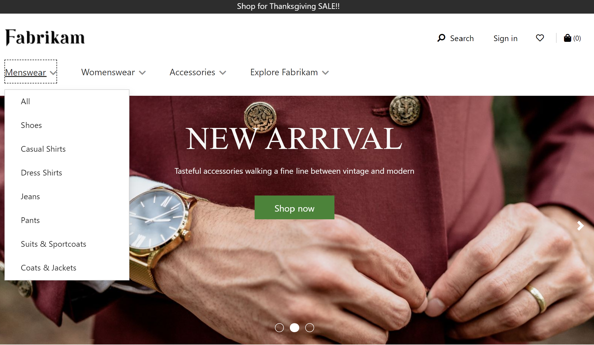 Screenshot eines Beispielkopfmoduls auf einer E-Commerce-Startseite.