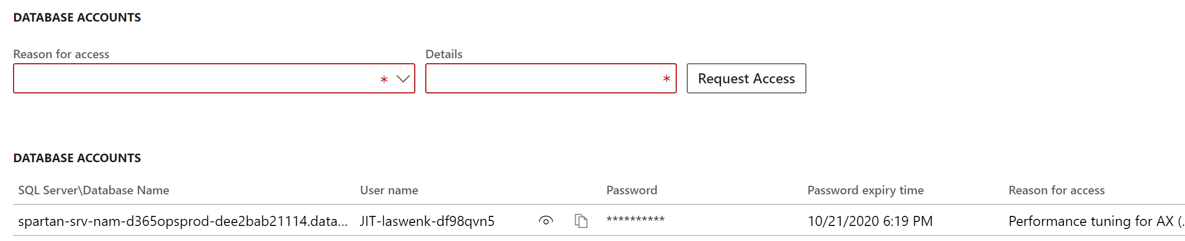 Screenshot of the database account shown with the expiry time.