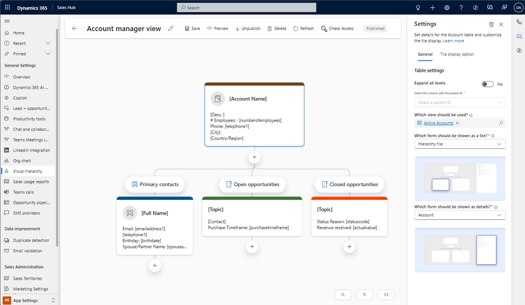 Screenshot einer Mehrtabellenhierarchievisualisierung im Designer mit Konto, Kontakt und Verkaufschance.
