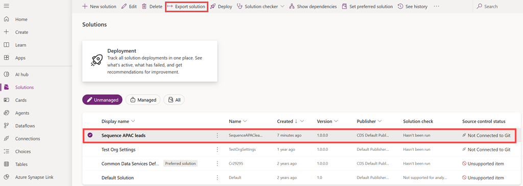 Screenshot der Auswahl der Option zum Exportieren der Lösung.