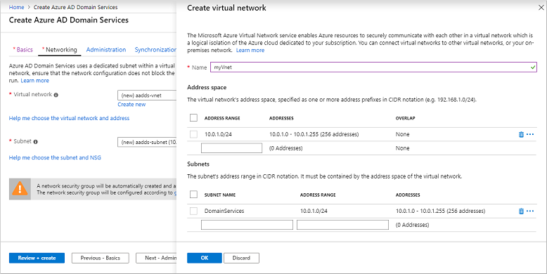 Erstellen eines virtuellen Netzwerks und eines Subnetzes für die Verwendung mit Microsoft Entra Domain Services