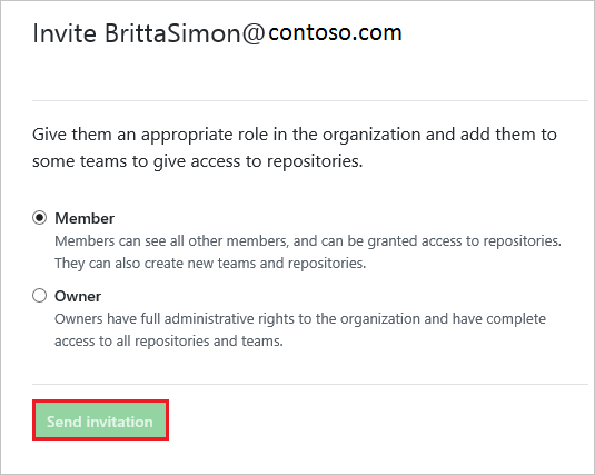 Screenshot: Dialogfeldseite „Invite Member“ (Mitglied einladen) mit dem Kontrollkästchen „Member“ (Mitglied) aktiviert und hervorgehobener Schaltfläche Send invitation.