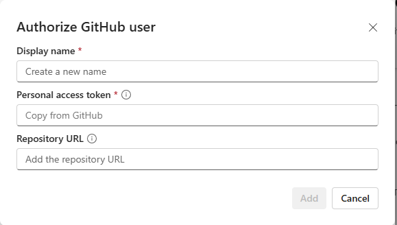Screenshot GitHub Integrations-UI zum Hinzufügen eines Kontos.