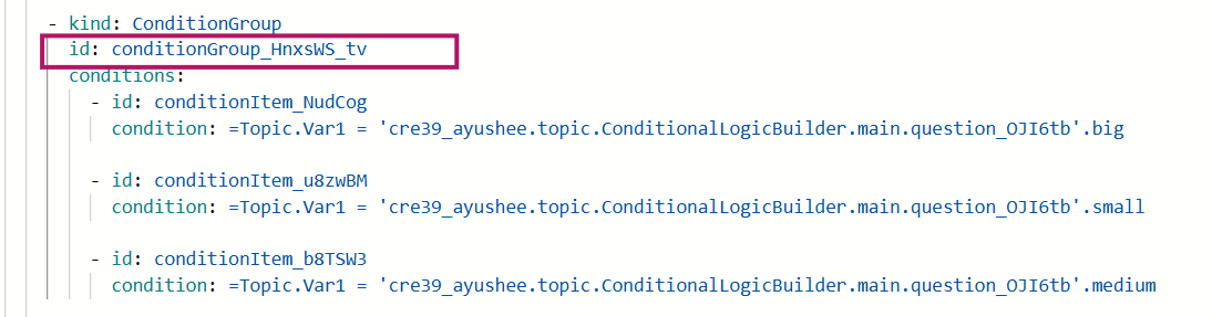Screenshot des YAML-Code-Editors mit der Bedingungsgruppen-ID 