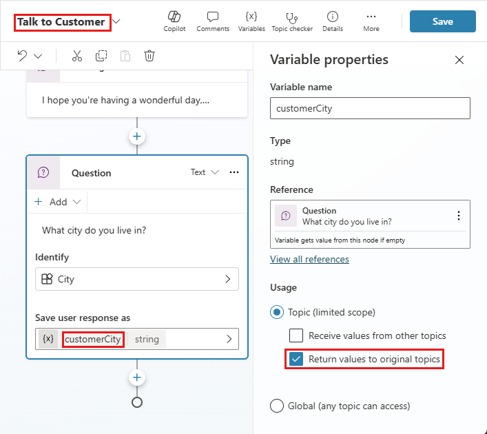 Screenshot des Themas „Mit Kunden sprechen“ mit der Variablen „customerCity“ und hervorgehobenen Eigenschaften.