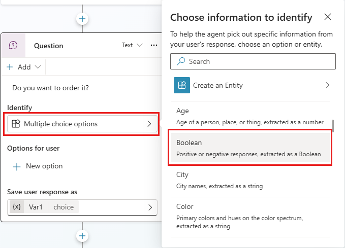 Screenshot eines Frageknotens mit geöffnetem Bereich „Zu identifizierende Informationen auswählen“.