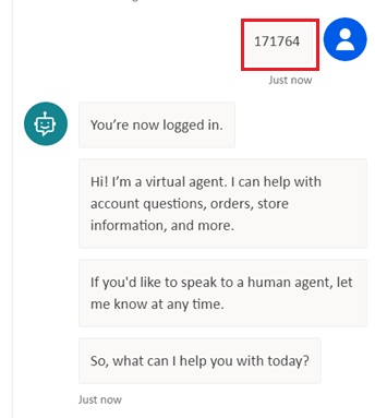 Screenshot einer erfolgreichen Benutzerauthentifizierung in einem Agentengespräch mit hervorgehobenen Validierungscode.