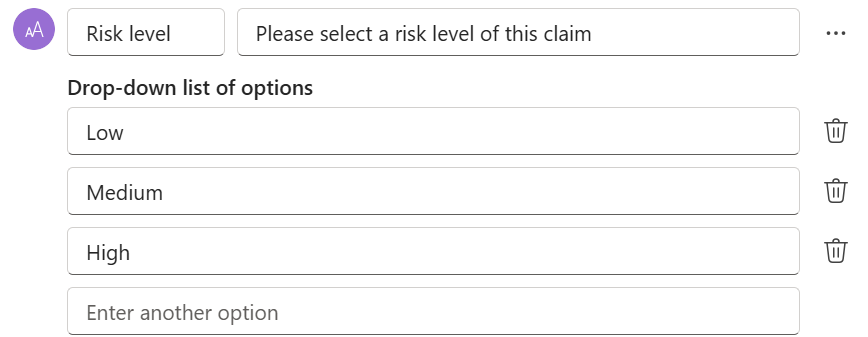 Screenshot des Hinzufügens von Optionen für Dropdowntexteingaben in Copilot Studio.