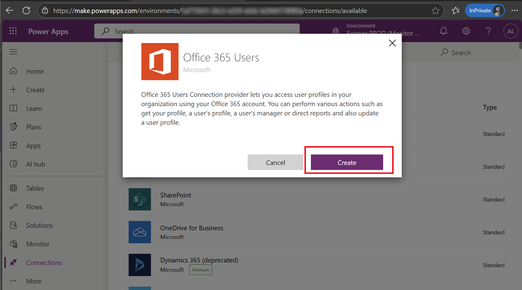 Erstellen einer Office 365-Benutzerverbindung in Power Apps