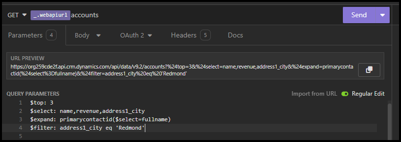 Screenshot von Insomnia mit einer konfigurierten Abfrage, die Kontodatensätze aus Dataverse abruft.