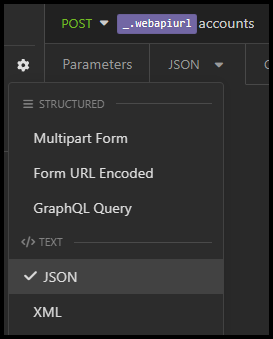 Screenshot des Dropdownmenüs „Textkörper“, in dem JSON aus der Textgruppe ausgewählt wurde
