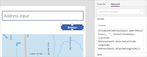 Screenshot der Schaltfläche im Bau in Power Apps Studio, die mit der OnSelect-Eigenschaft angezeigt wird.