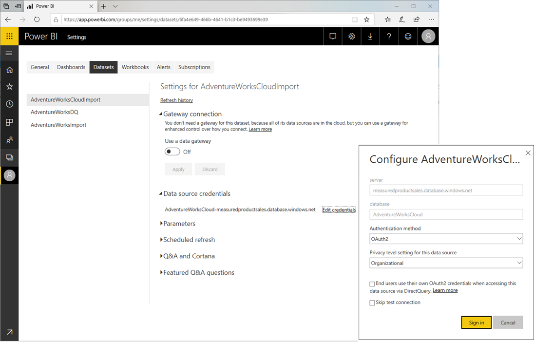 Konfiguration von Anmeldeinformationen für Datenquellen ohne Gateway