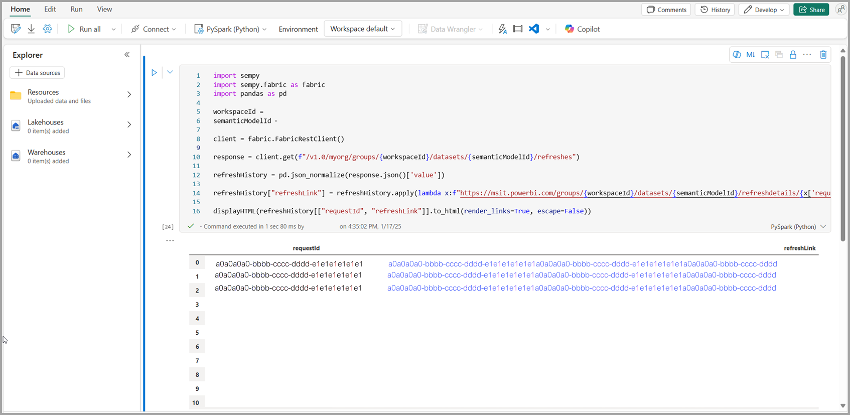 Screenshot der generierten Codetabelle mit Aktualisierungs-IDs und Seiten-URLs.