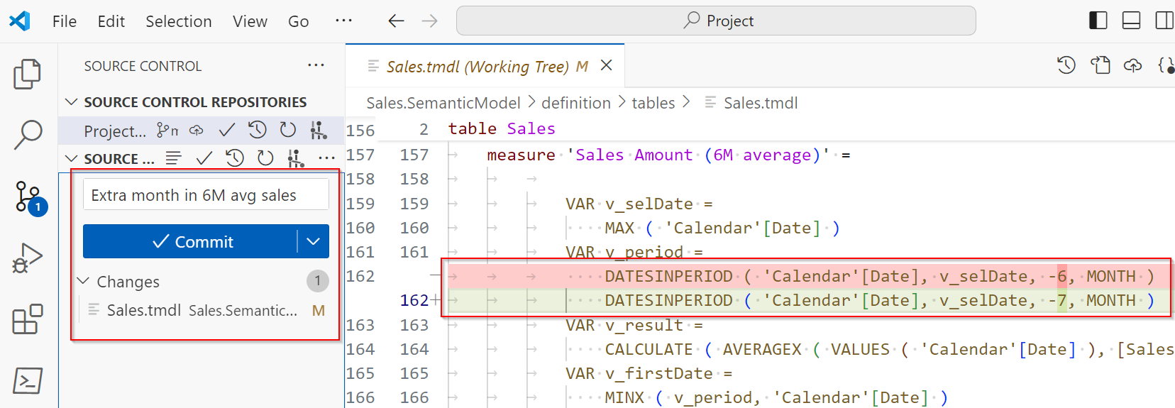 Bild einer Measureänderung in VS Code.