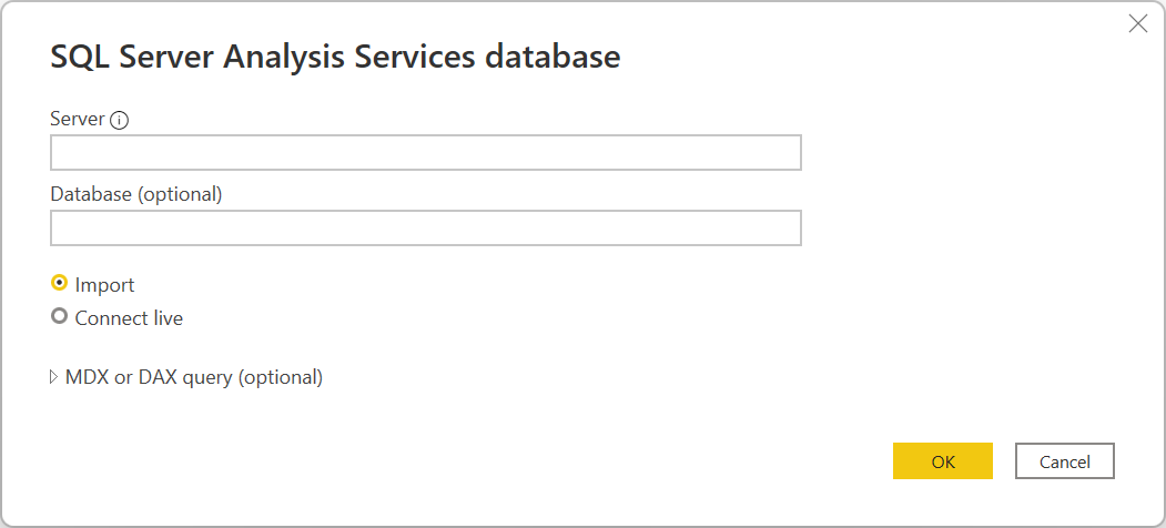 SQL Server Analysis Services Datenbankverbindungs-Generator in Power Query Desktop.