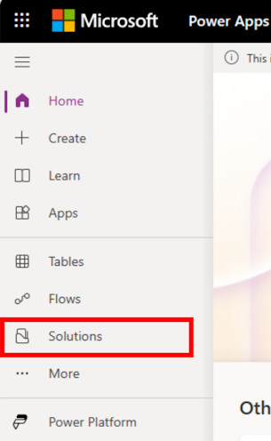 Screenshot: Power Apps-Startseite mit hervorgehobener Auswahl von „Lösungen“