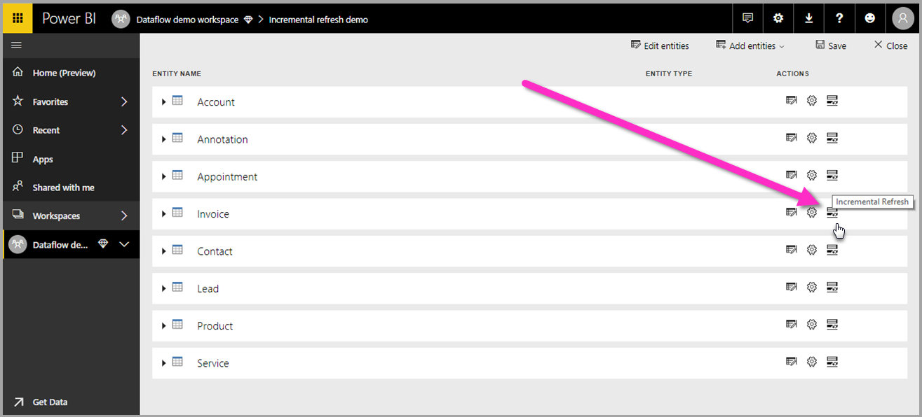 Screenshot von Power BI mit dem inkrementellen Aktualisierungssymbol für hervorgehobene Datenflüsse.