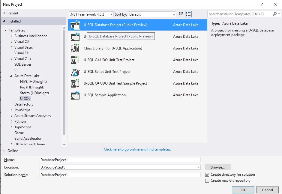 Data Lake Tools für Visual Studio—U-SQL-Datenbankprojekt erstellen