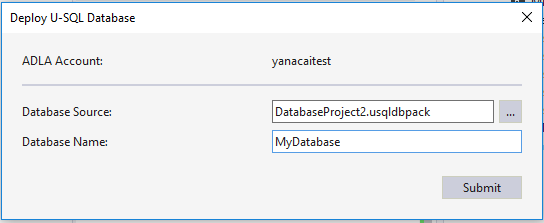 Data Lake Tools für Visual Studio–Bereitstellen des U-SQL-Datenbankpaket-Assistenten