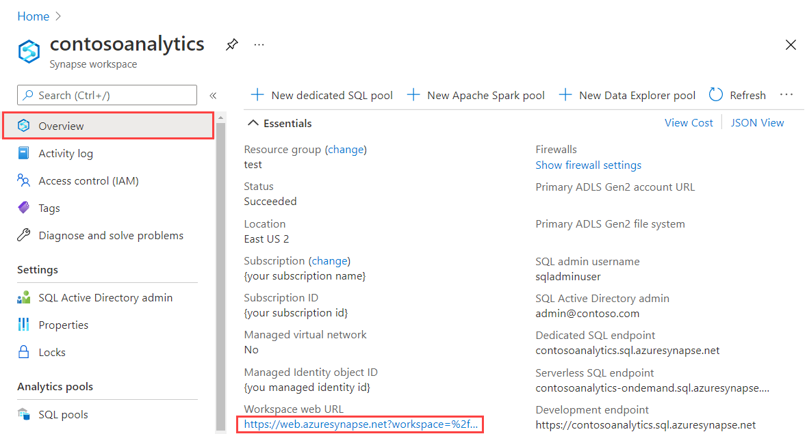 Synapse-Arbeitsbereichsübersicht im Azure-Portal mit hervorgehobener Option „Synapse Studio starten“