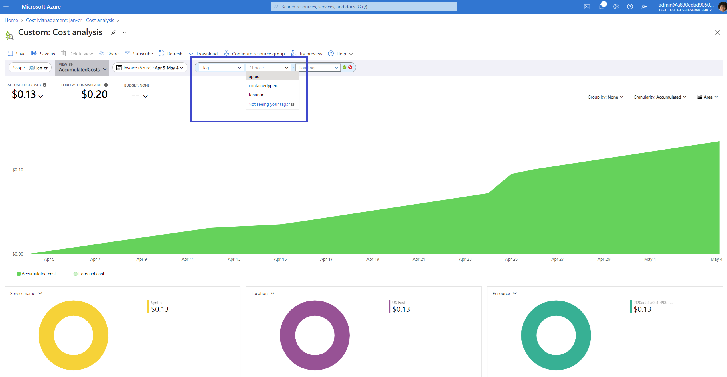 Azure Ansicht Kostenanalyse mit Filtern, um die Kosten nach Verbrauchseinheit, App-ID, Mandanten-ID oder Containertyp-ID aufzuschlüsseln.
