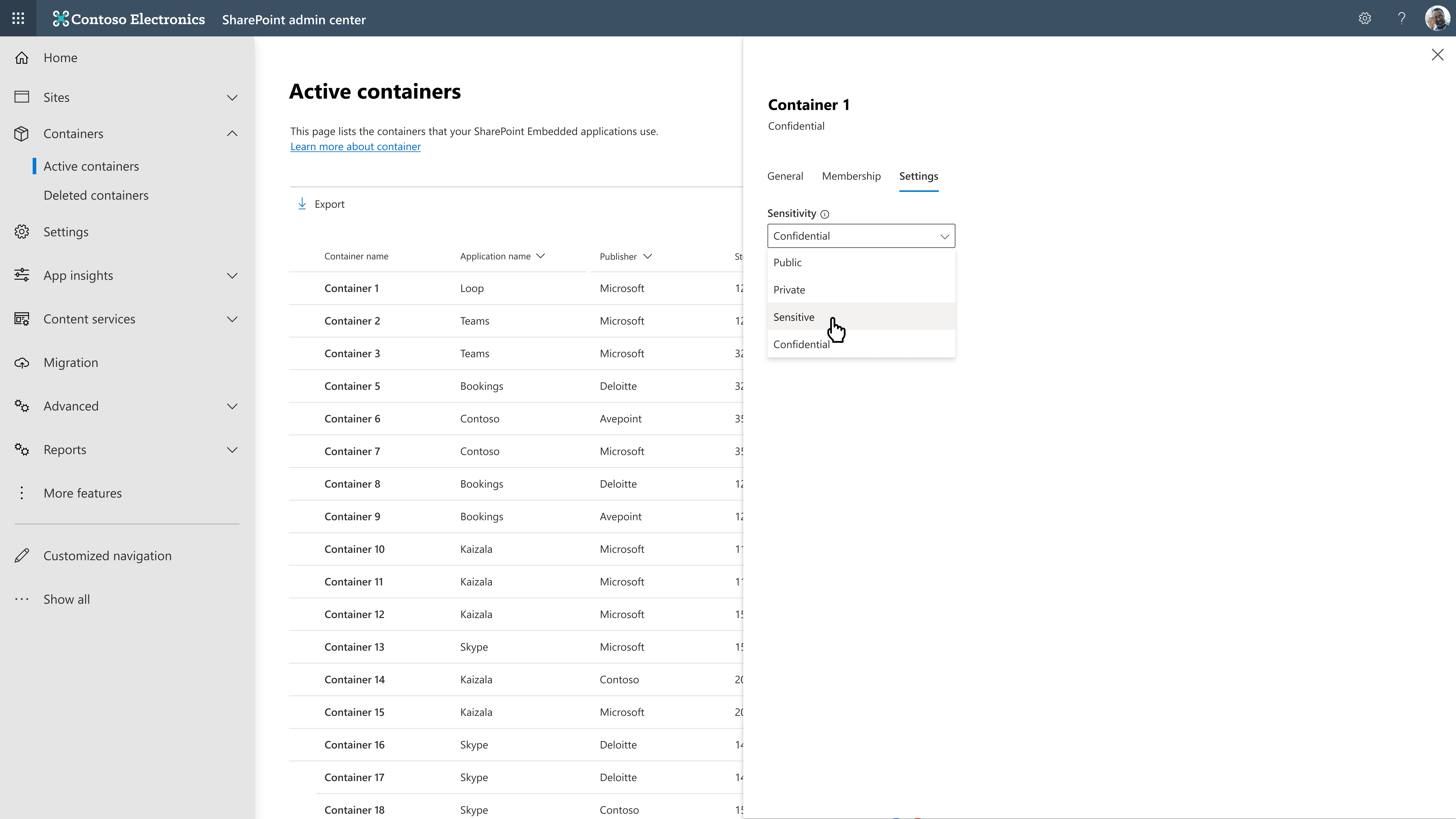 Bereich mit Den Einstellungen für Containerdetails mit der Vertraulichkeitsbezeichnungsauswahl für einen aktiven Container.