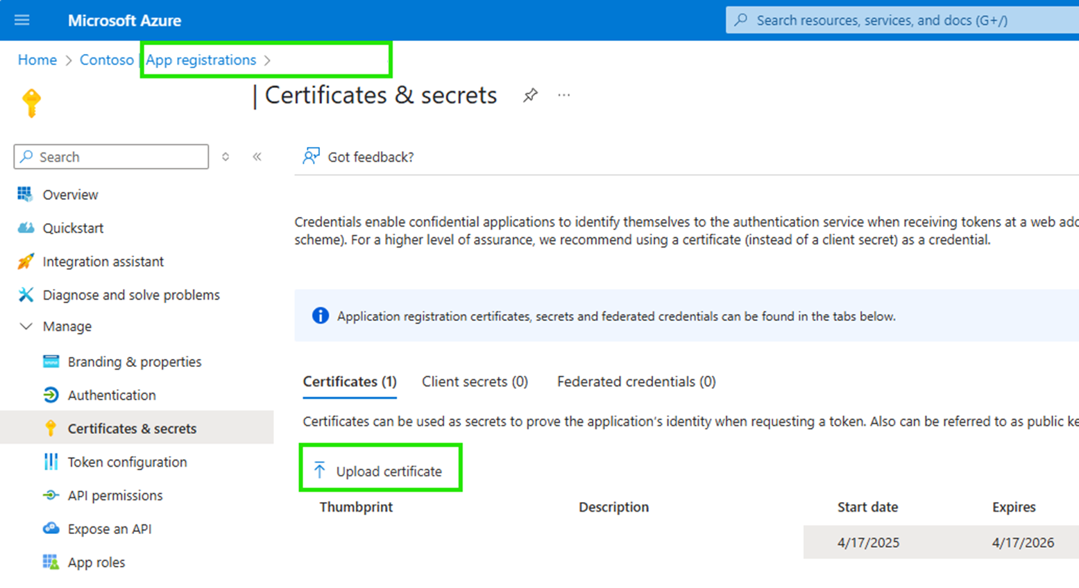 Screenshot, der ein Zertifikat für die Anwendung im Azure-Portal hochlädt.